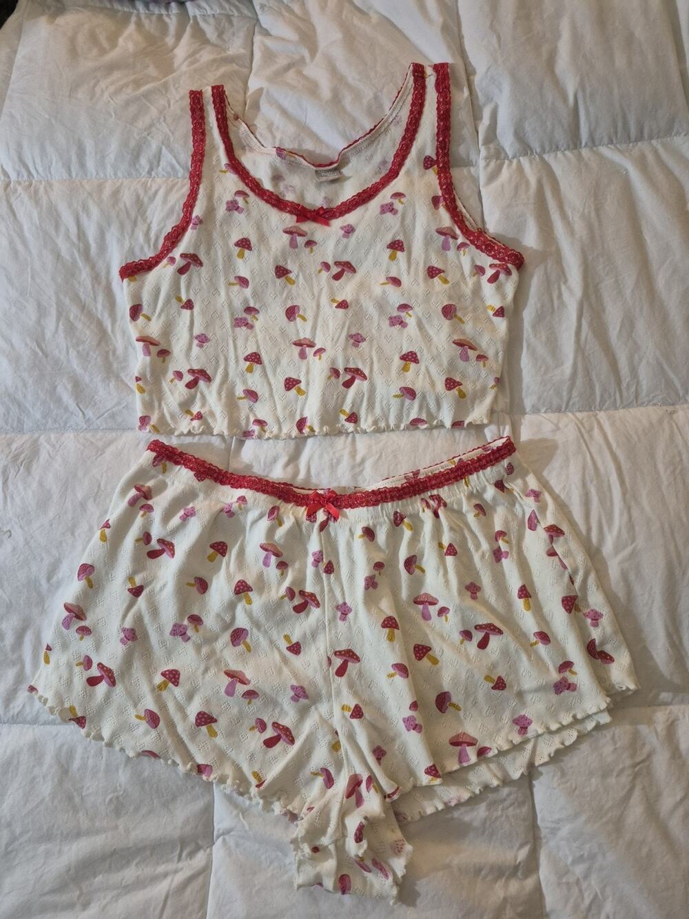 💥 Messy Bun Mushroom Print Lace Sleep Shorts Tank Pajama Set Women's Medium D5